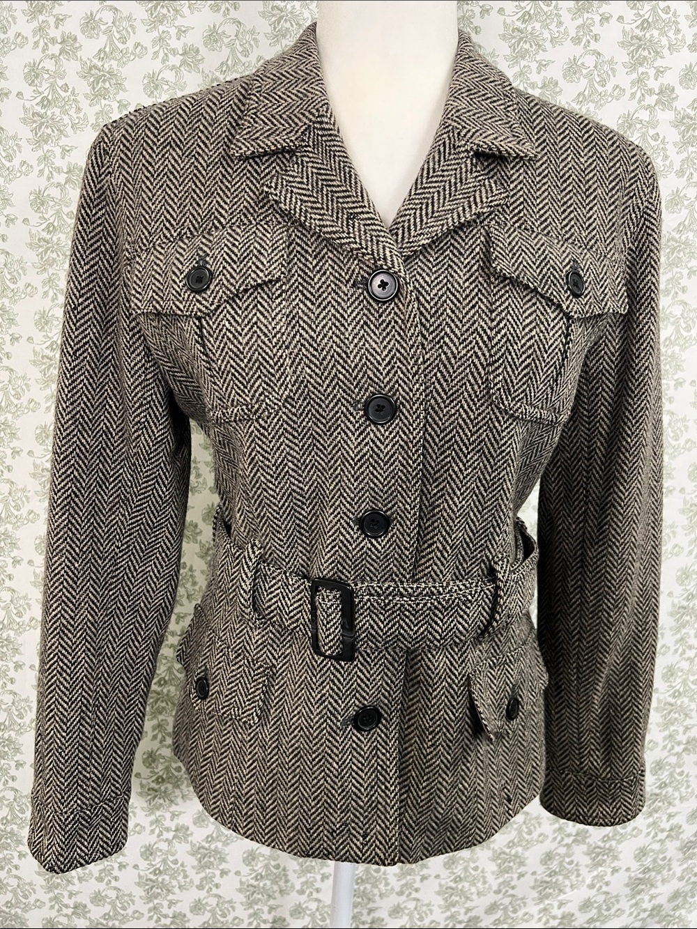 Foxrun 100% Wool Herringbone Belted Safari Jacket M